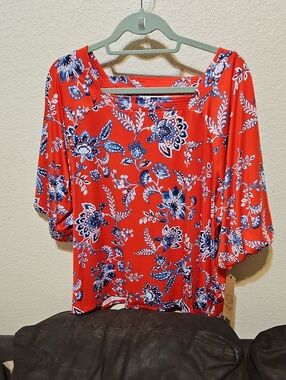 Ruby Rd. Red Floral Square-Neck Tunic with Blue Accents